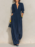 Daniela | Navy Blue Pleated Maxi Dress with V-Neck