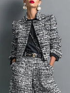 Colette - Tweed Print Blend Single-Breasted Cropped Jacket And Wide-Leg Pants Set