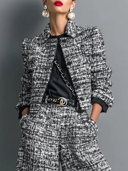 Colette - Tweed Print Blend Single-Breasted Cropped Jacket And Wide-Leg Pants Set
