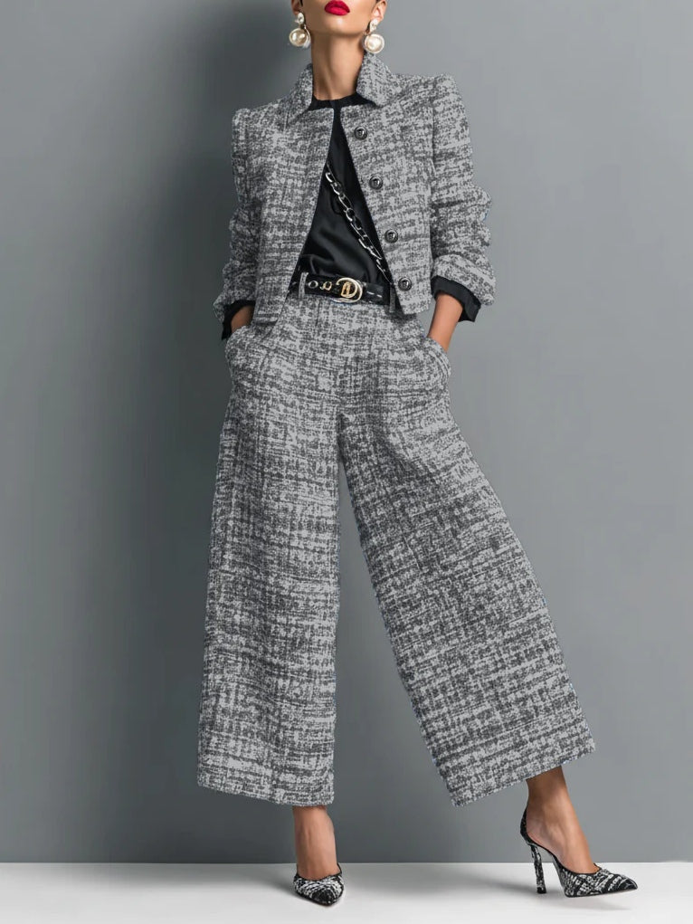 Colette - Tweed Print Blend Single-Breasted Cropped Jacket And Wide-Leg Pants Set