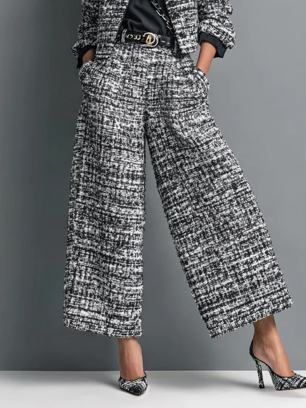 Colette - Tweed Print Blend Single-Breasted Cropped Jacket And Wide-Leg Pants Set