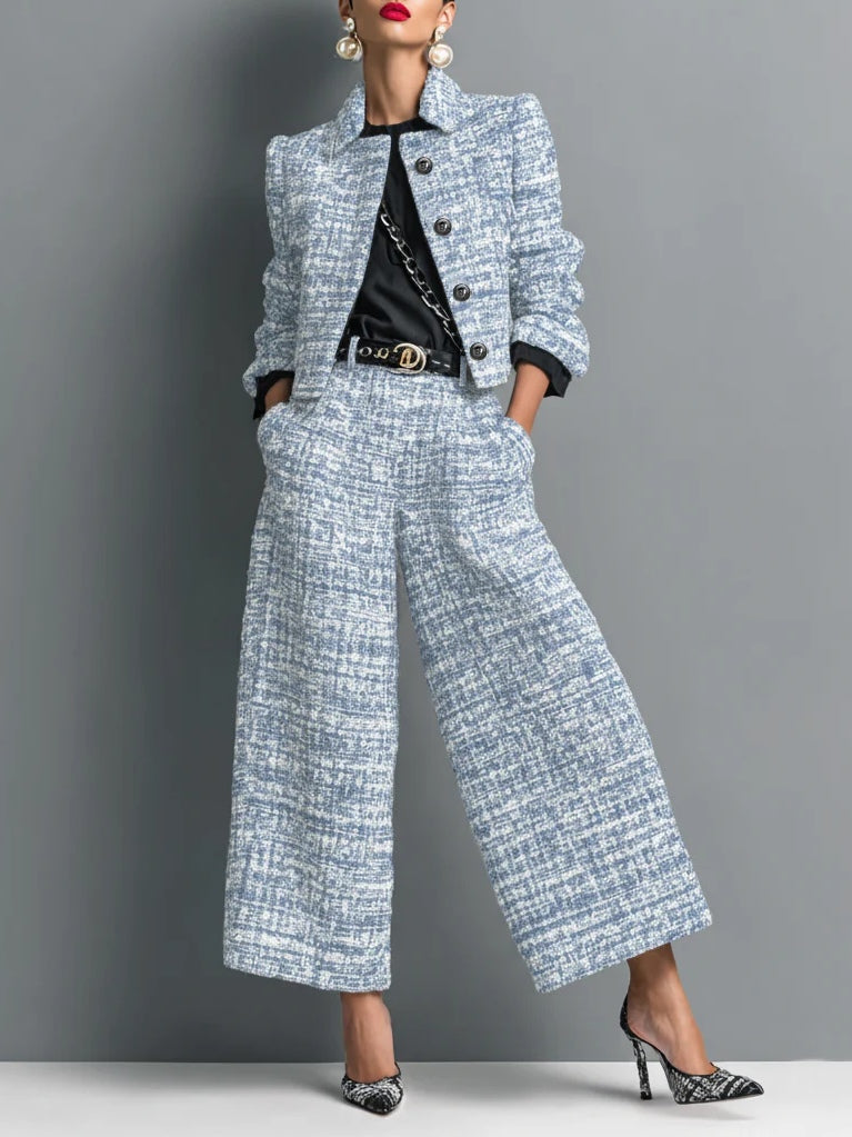 Colette - Tweed Print Blend Single-Breasted Cropped Jacket And Wide-Leg Pants Set