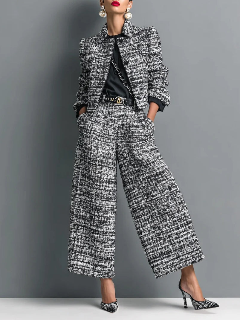 Colette - Tweed Print Blend Single-Breasted Cropped Jacket And Wide-Leg Pants Set