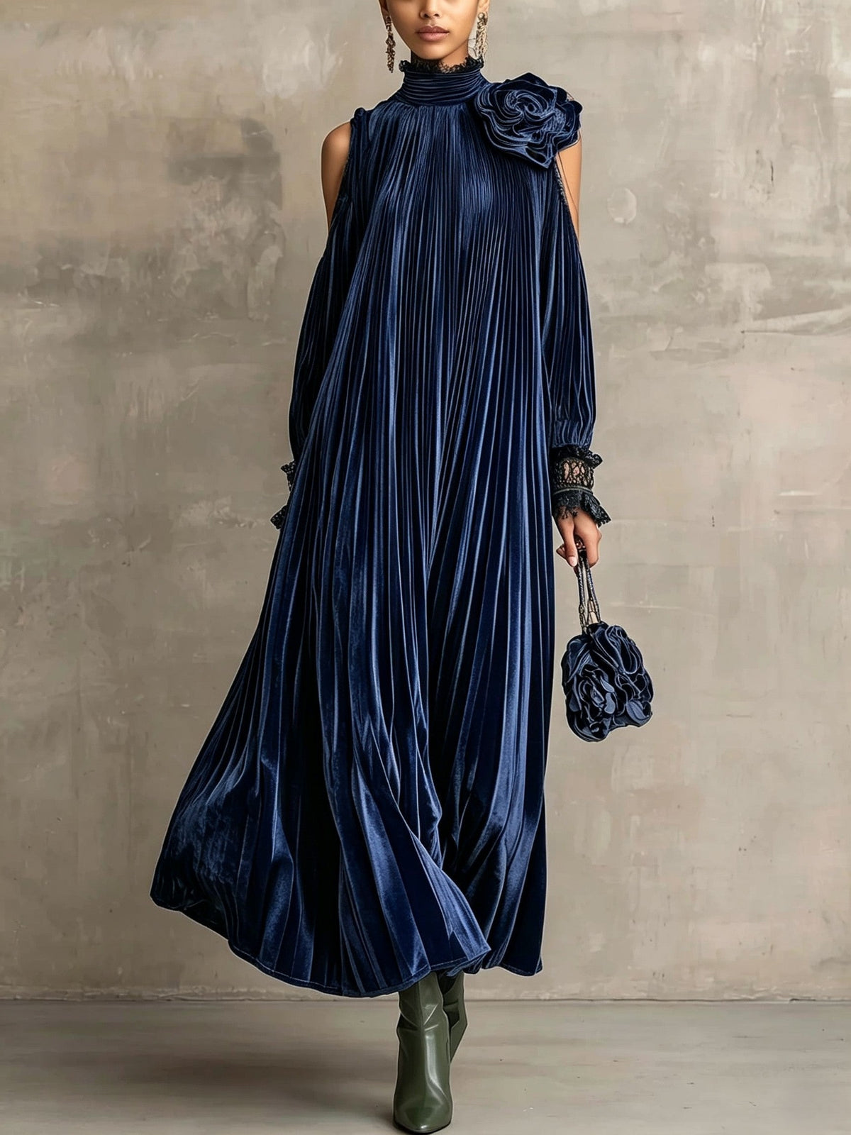 Rosa | Long Pleated Dress With Floral Shoulder Detail