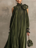 Rosa | Long Pleated Dress With Floral Shoulder Detail