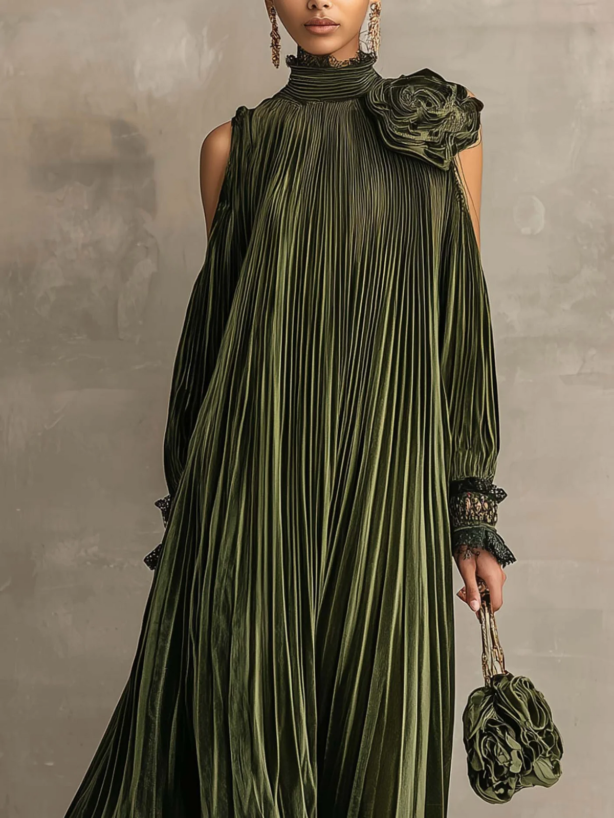 Rosa | Long Pleated Dress With Floral Shoulder Detail