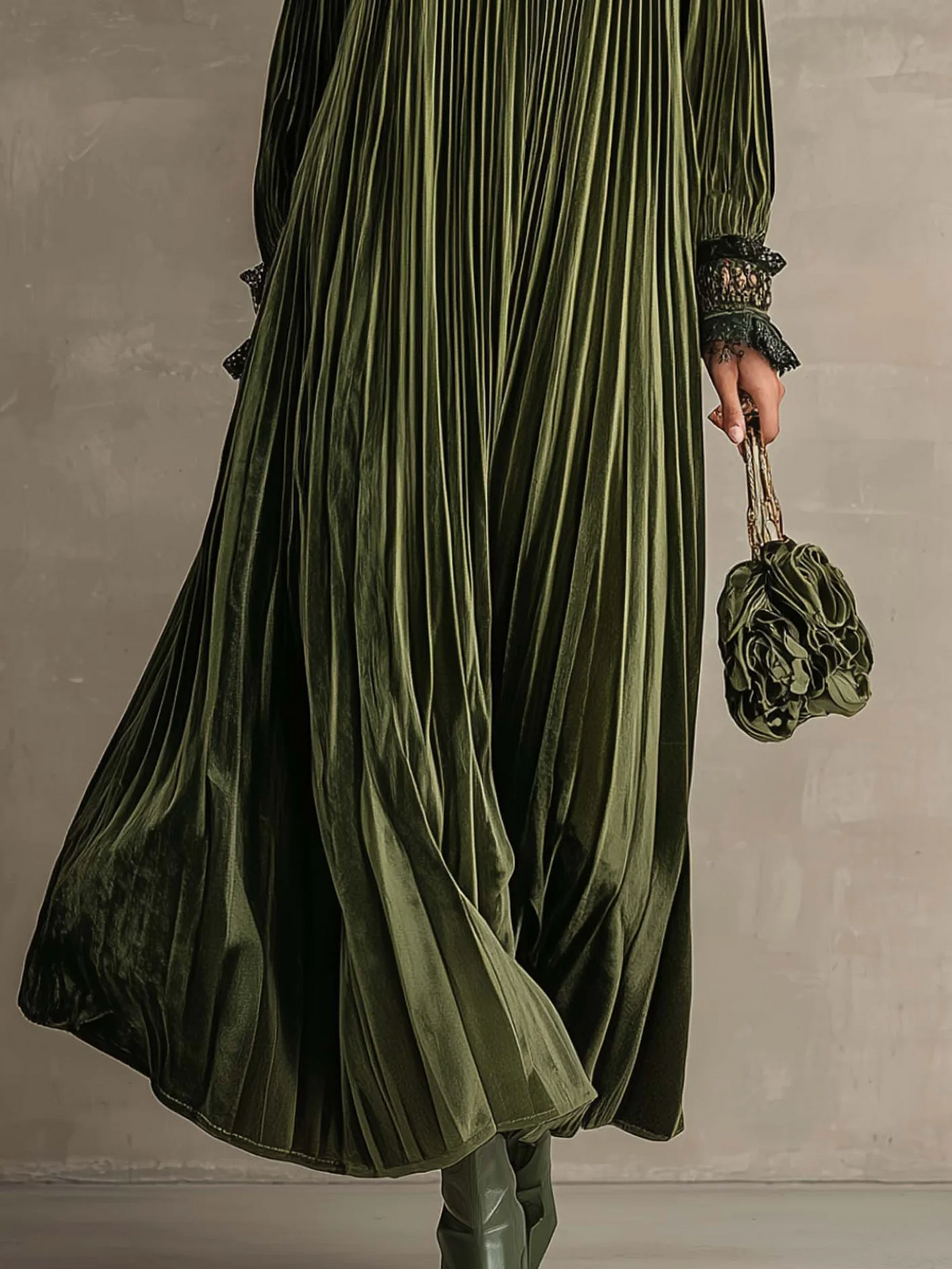 Rosa | Long Pleated Dress With Floral Shoulder Detail