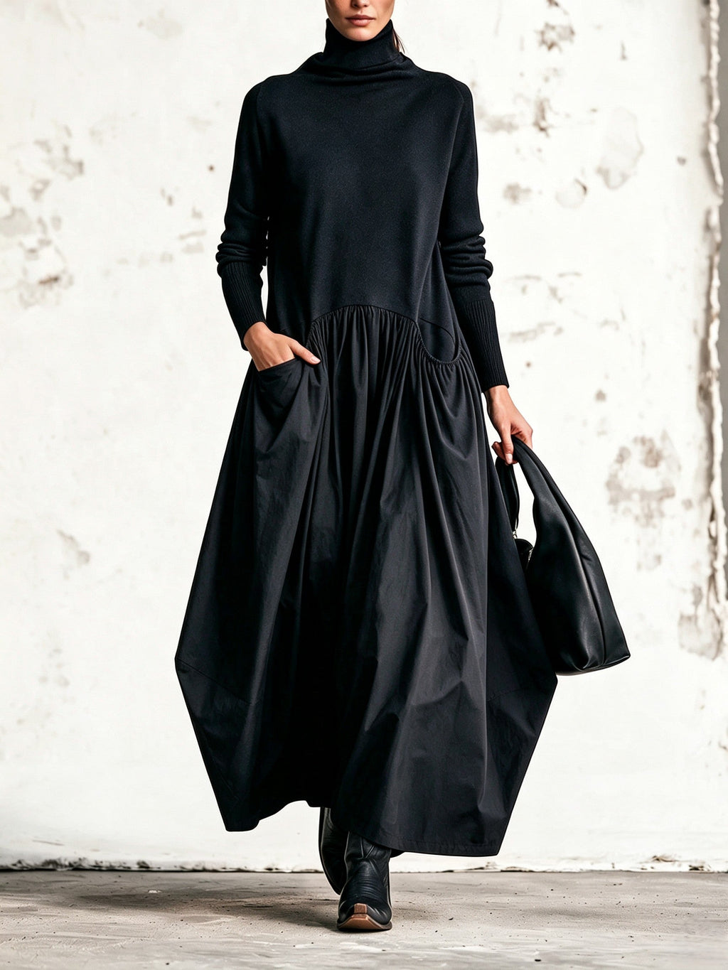 Adeline - High Neck Pocket Detail Oversized Maxi Dress