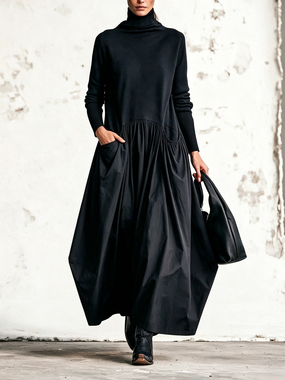 Adeline - High Neck Pocket Detail Oversized Maxi Dress
