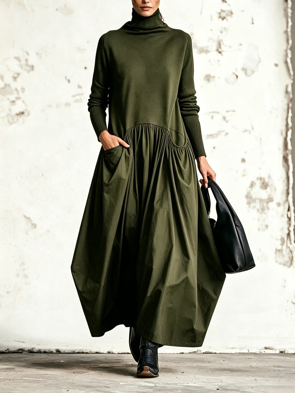 Adeline - High Neck Pocket Detail Oversized Maxi Dress