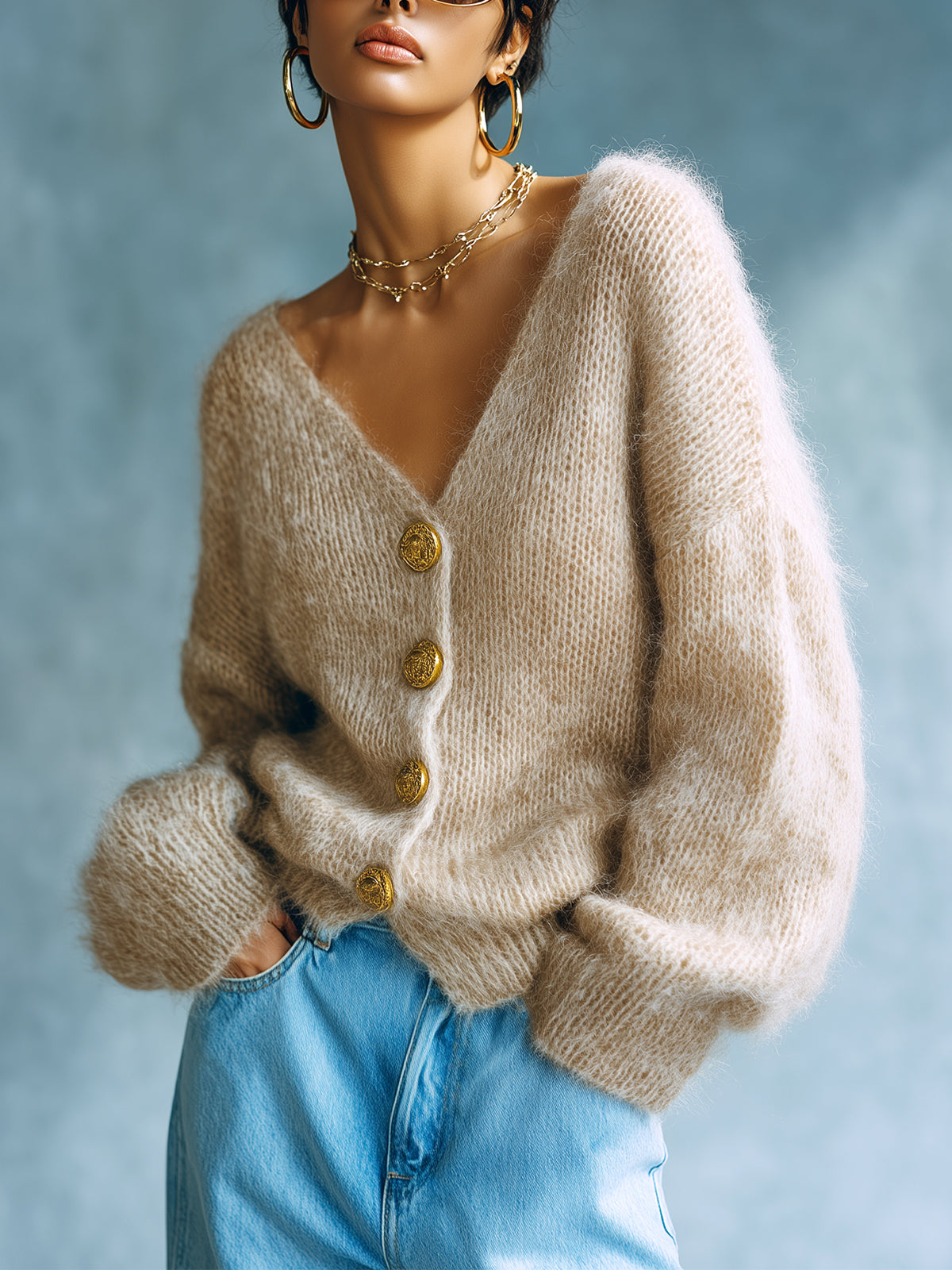 Annalise - Chic Vintage Light Camel V-Neck Single-Breasted Long Sleeve Loose-Fit Fuzzy Knit Cardigan Top