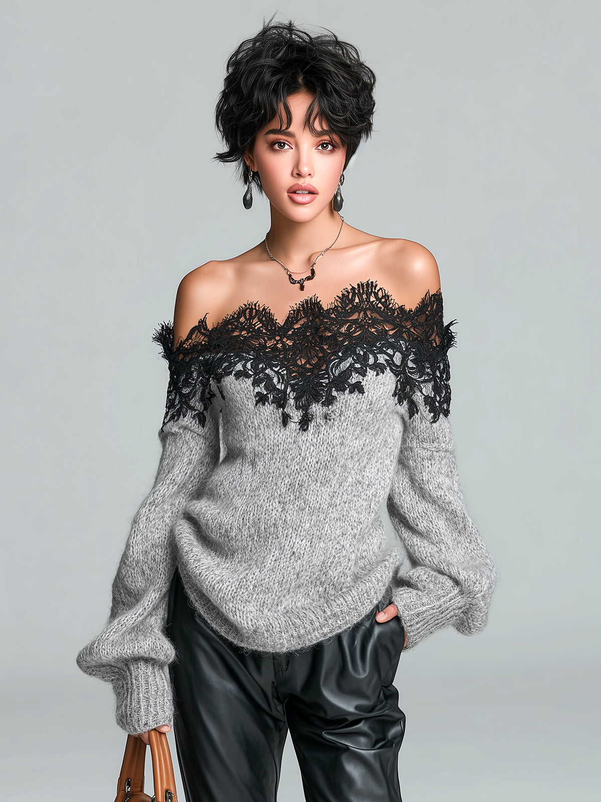 Odette - Chic Casual Gray Off-The-Shoulder Lace Trim Detail Long Sleeve Oversized Knit Sweater Top