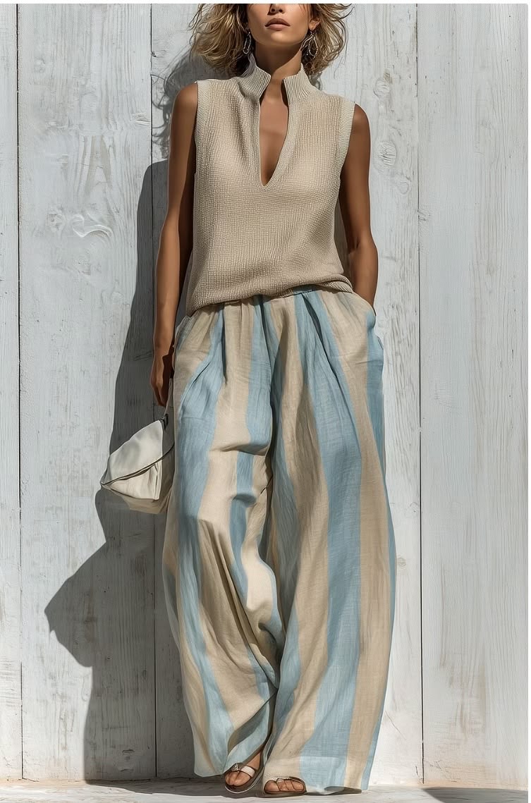 Giselle - Casual Sleeveless Top and Loose Striped Trousers Set