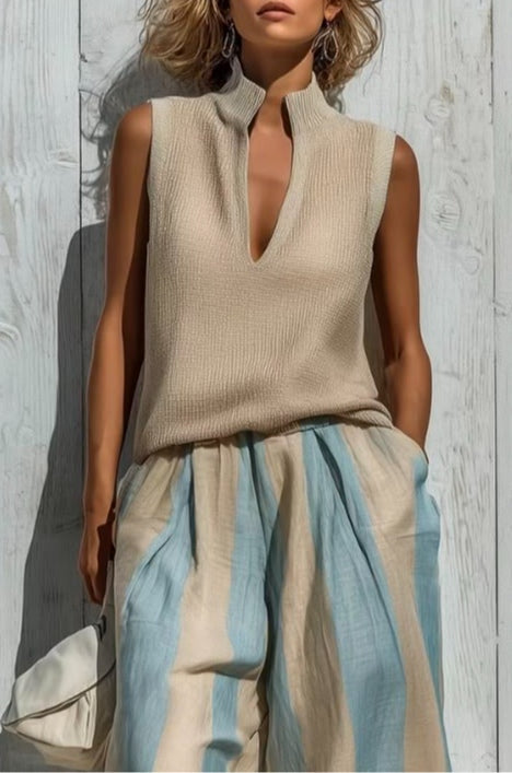 Giselle - Casual Sleeveless Top and Loose Striped Trousers Set