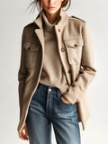 Felicity - Vintage Casual Khaki Wool Blend Stand Collar Epaulet Multi-Pocket Short Coat