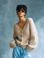 Annalise - Chic Vintage Light Camel V-Neck Single-Breasted Long Sleeve Loose-Fit Fuzzy Knit Cardigan Top
