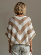Chic Casual White-Beige Stripes V-neck Short-sleeved Loose-Fit Knit Sweater