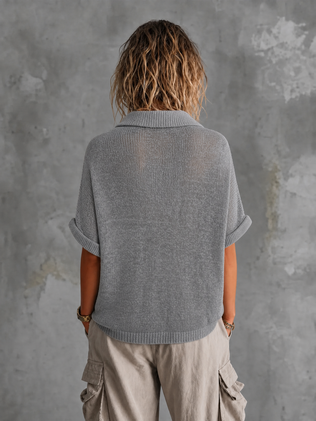 Chic Casual Dusty Grey Lapel-Collar V-Neck Button-Detail Half‑Sleeve Loose-Fit Mesh Knit Sweater Top