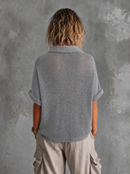 Chic Casual Dusty Grey Lapel-Collar V-Neck Button-Detail Half‑Sleeve Loose-Fit Mesh Knit Sweater Top