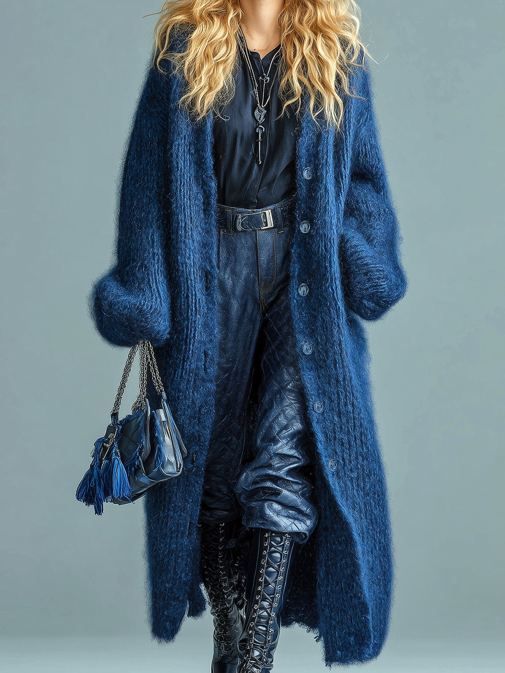 Alessia - Casual Chic Navy Blue Single-breasted Oversized Longline Fuzzy Knit Cardigan