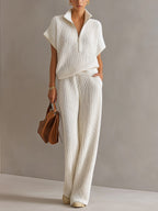 Chic Elegant Cream White Zipper-Up Stand Collar Oversize Short-Sleeve Sweater  Wide-Leg Pants Ribbed Knit Two-Piece Set