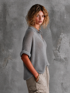 Chic Casual Dusty Grey Lapel-Collar V-Neck Button-Detail Half‑Sleeve Loose-Fit Mesh Knit Sweater Top