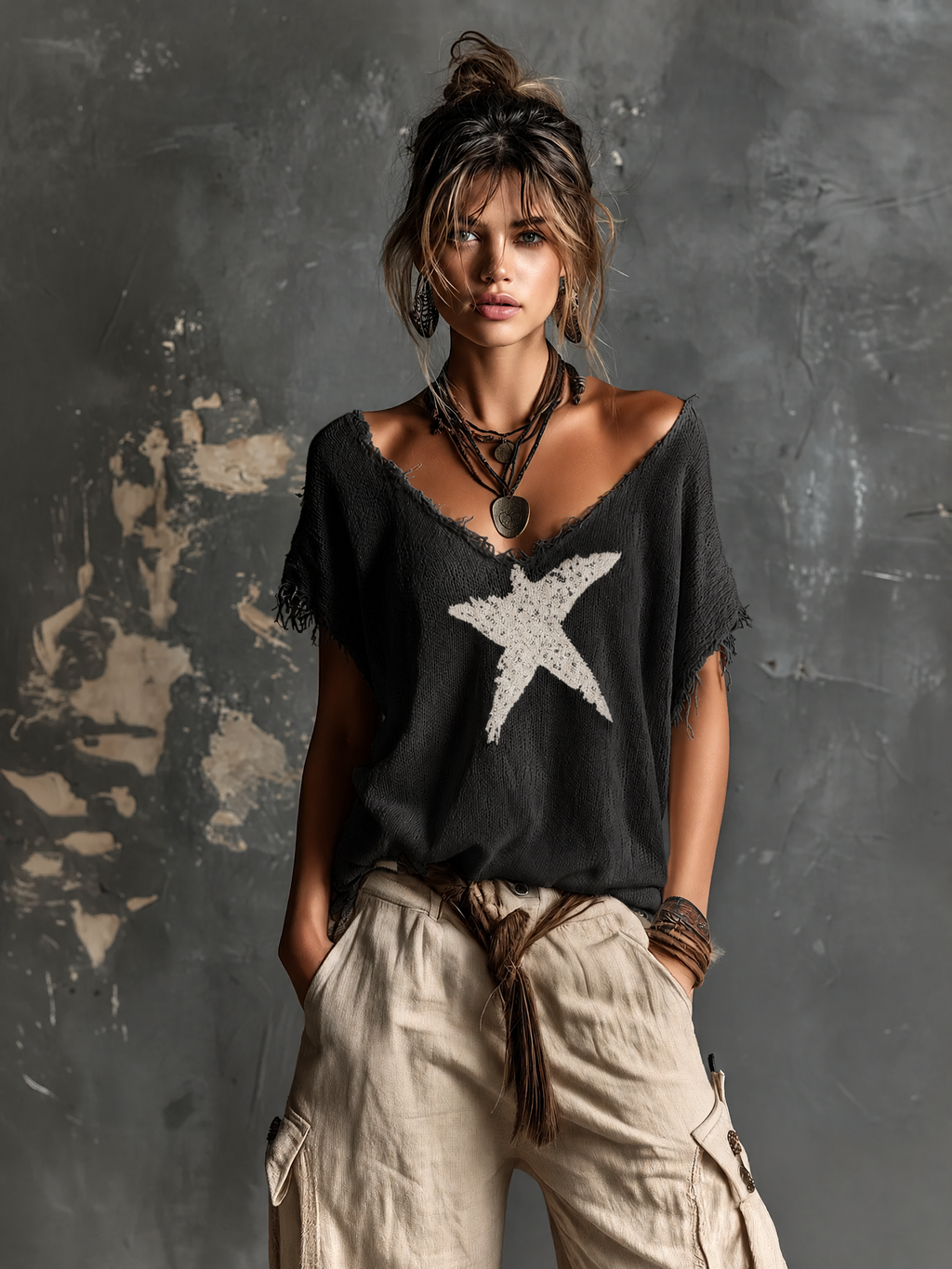 Chic Casual White V-Neck Star Print  Raw Edge Dolman Sleeves Loose-Fit Knit Sweater Top