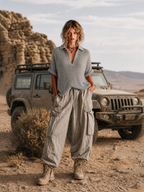Chic Casual Dusty Grey Lapel-Collar V-Neck Button-Detail Half‑Sleeve Loose-Fit Mesh Knit Sweater Top