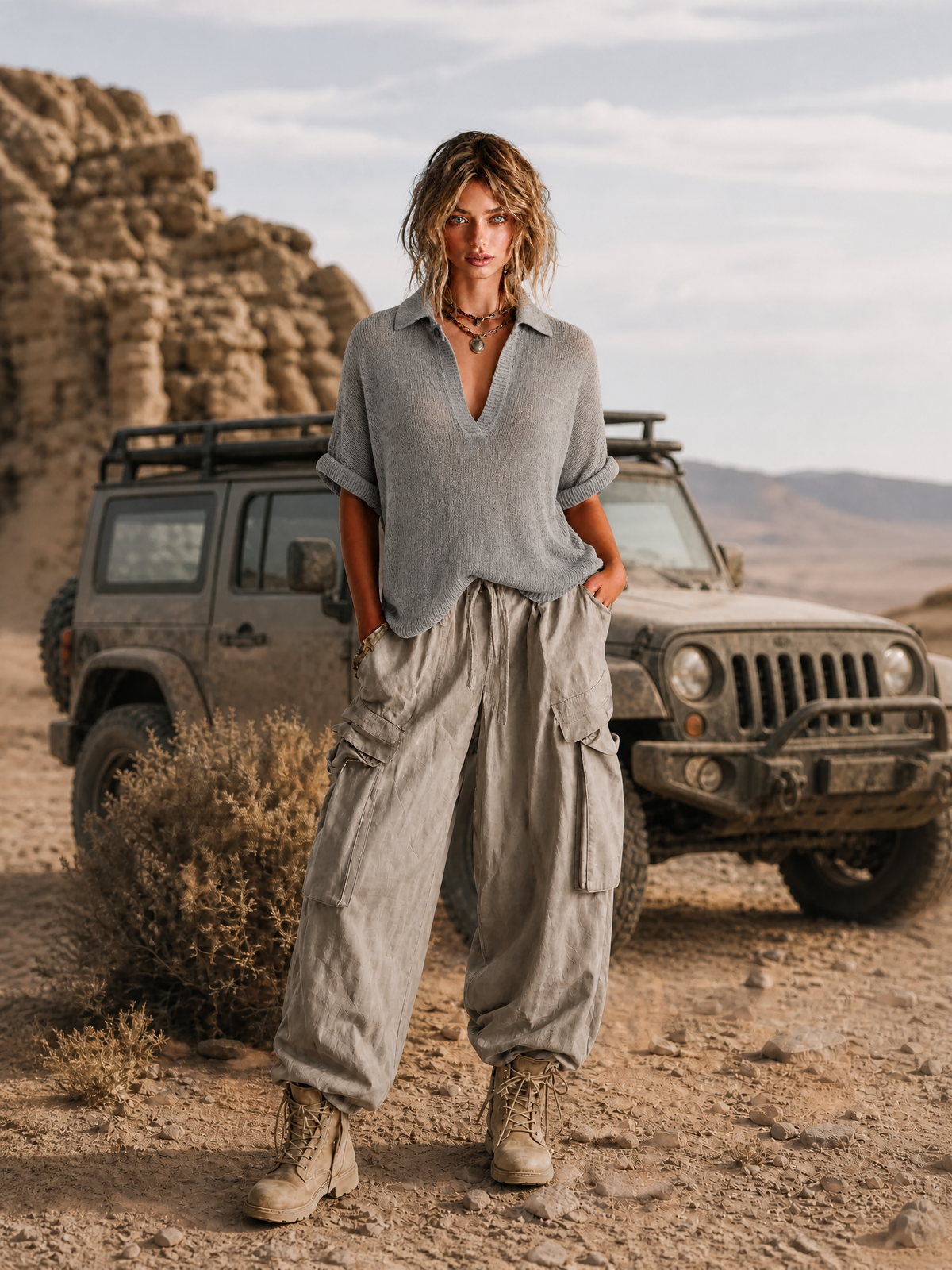 Chic Casual Dusty Grey Lapel-Collar V-Neck Button-Detail Half‑Sleeve Loose-Fit Mesh Knit Sweater Top