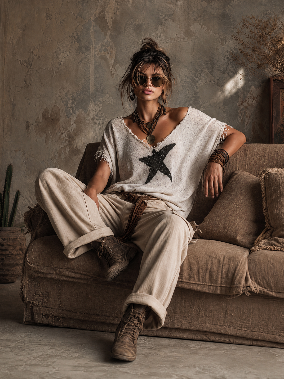 Chic Casual White V-Neck Star Print  Raw Edge Dolman Sleeves Loose-Fit Knit Sweater Top