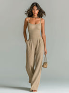 Paloma - Chic Casual Camel Strappy Sleeveless Tailored Waist Wide Leg Ribbed Knit Jumpsuit