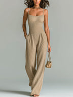 Paloma - Chic Casual Camel Strappy Sleeveless Tailored Waist Wide Leg Ribbed Knit Jumpsuit