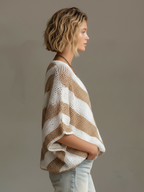 Chic Casual White-Beige Stripes V-neck Short-sleeved Loose-Fit Knit Sweater