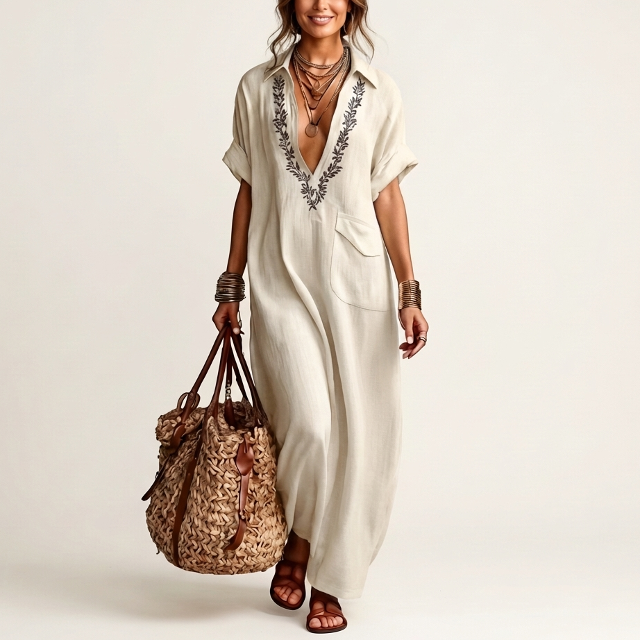 Amarina | Embroidered V-Neck Collar Linen Maxi Dress