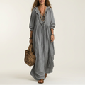 Yosetta | Ruffle V-Neck Striped Lantern-Sleeve Maxi Dress