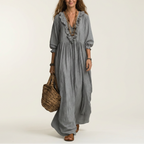 Yosetta | Ruffle V-Neck Striped Lantern-Sleeve Maxi Dress