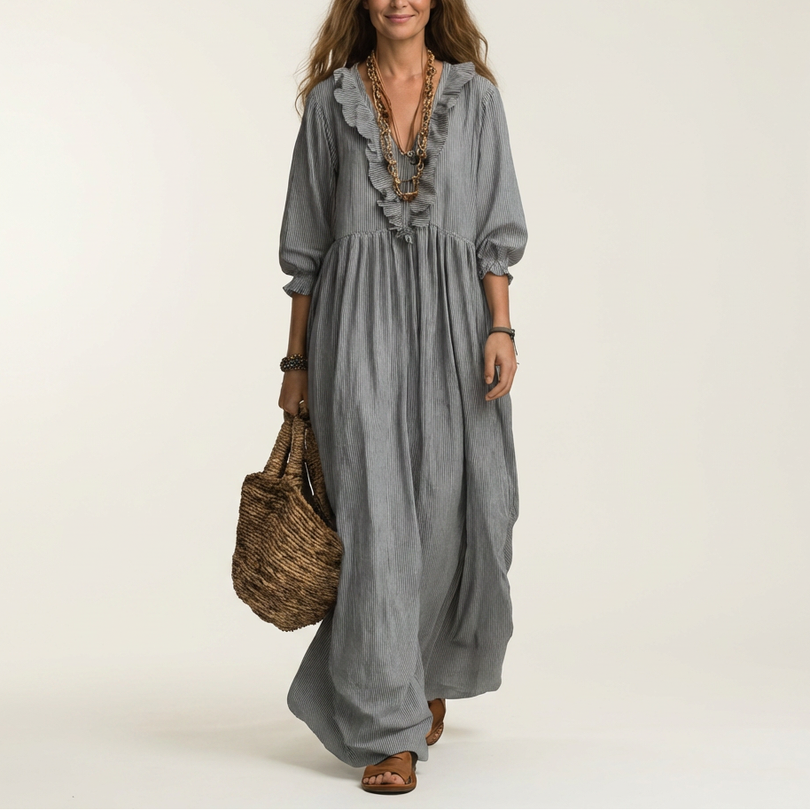 Yosetta | Ruffle V-Neck Striped Lantern-Sleeve Maxi Dress