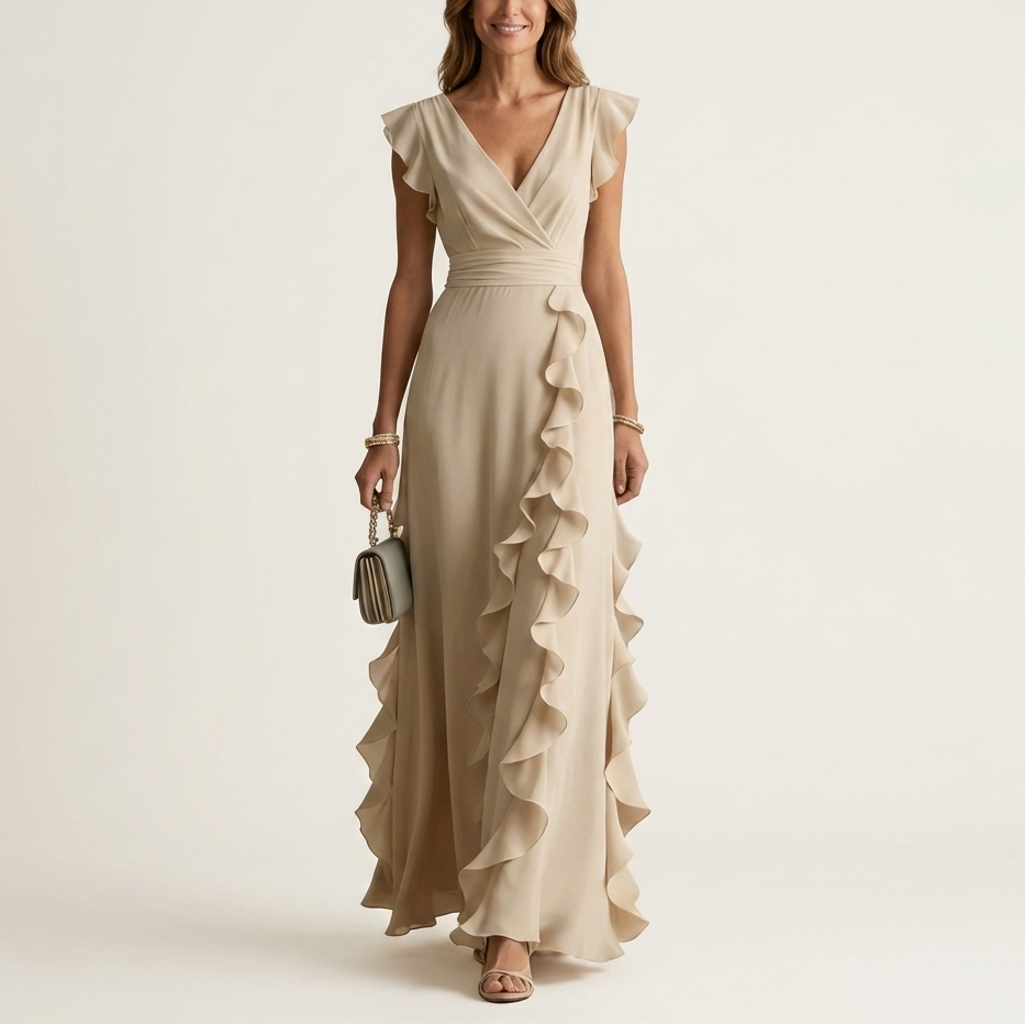 Nellyana | Wrap-Style V-Neck Flutter-Sleeve Cascading Ruffle Maxi Dress