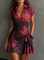 SERENA | BURGUNDY ABSTRACT PRINT MINI WRAP DRESS