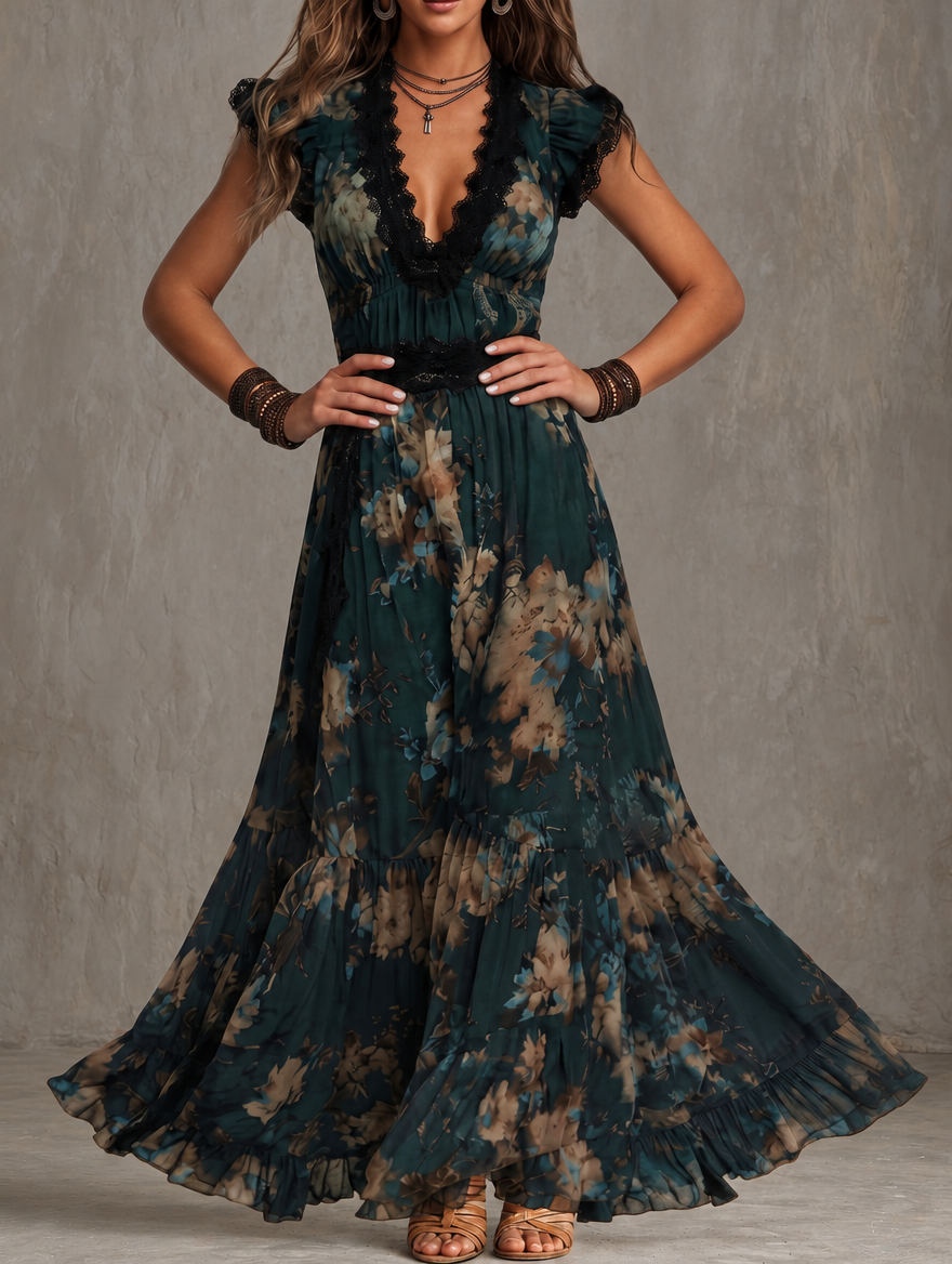 Lucia | Long Vintage Dress with Floral Lace