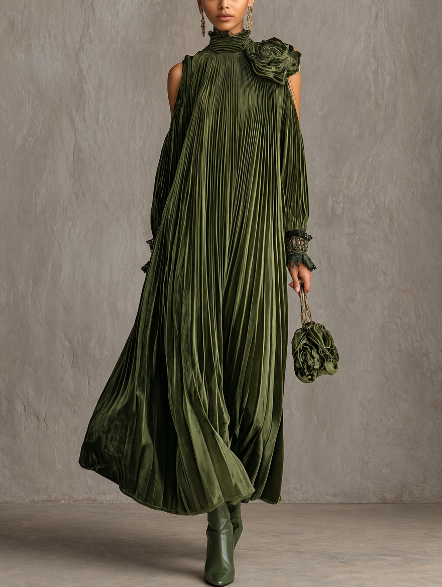 Rosa | Long Pleated Dress With Floral Shoulder Detail