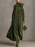 Rosa | Long Pleated Dress With Floral Shoulder Detail