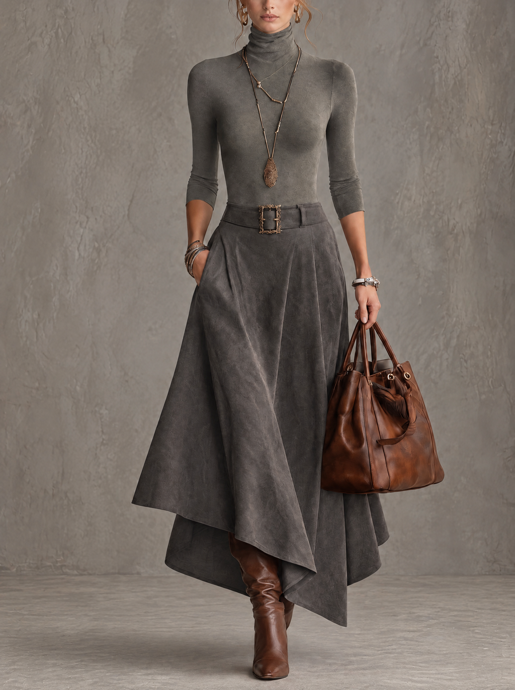 Francesca | Gray High Neck Top and Asymmetrical Midi Skirt