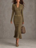 Marta | Midi dress in ribbed knit with zip, mermaid hem, and studded belt