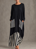 Stefania | Oversized Black Long Dress with Patchwork Stripes