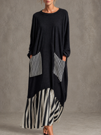 Stefania | Oversized Black Long Dress with Patchwork Stripes