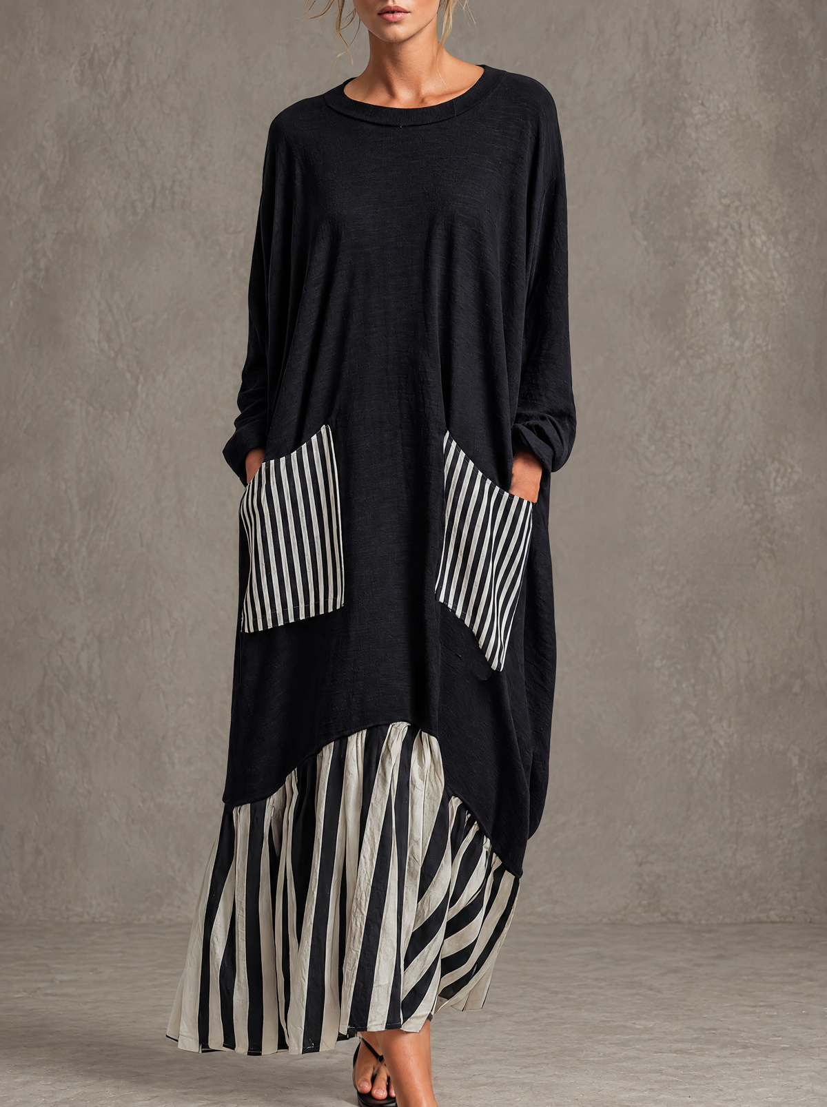 Stefania | Oversized Black Long Dress with Patchwork Stripes