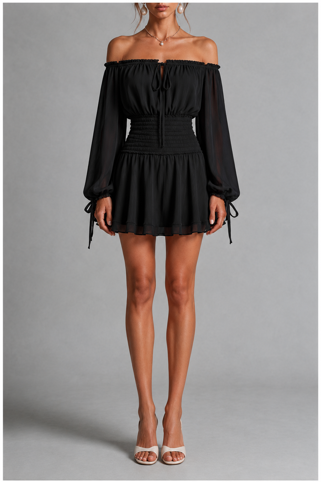 Noir Off-Shoulder Smocked Mini Dress