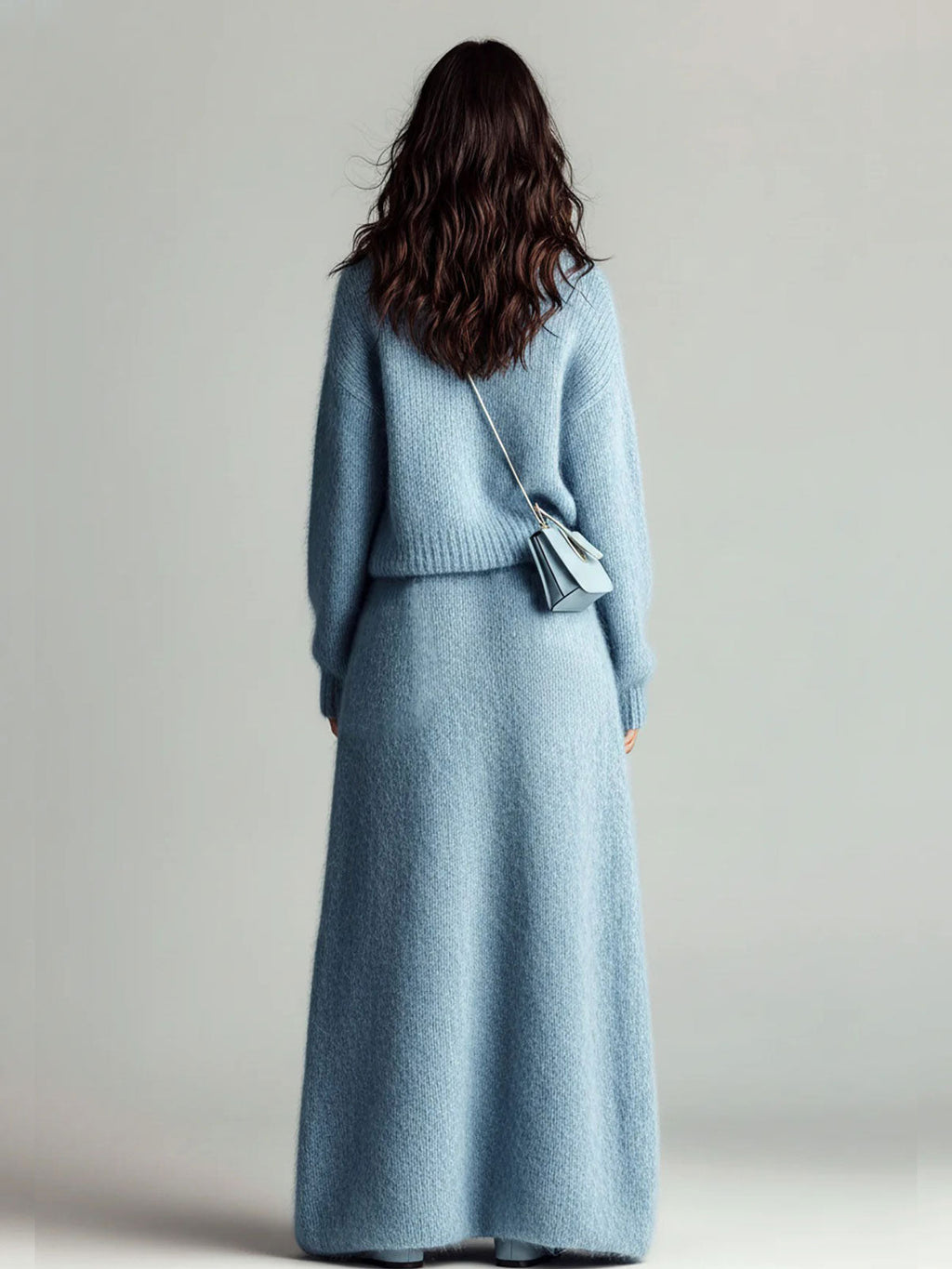 Estella - Chic Elegant Blue Stand Collar V Neck Long Sleeve Loose Sweater Patch Pocket Maxi Skirt Fuzzy Knit Two-Piece Set