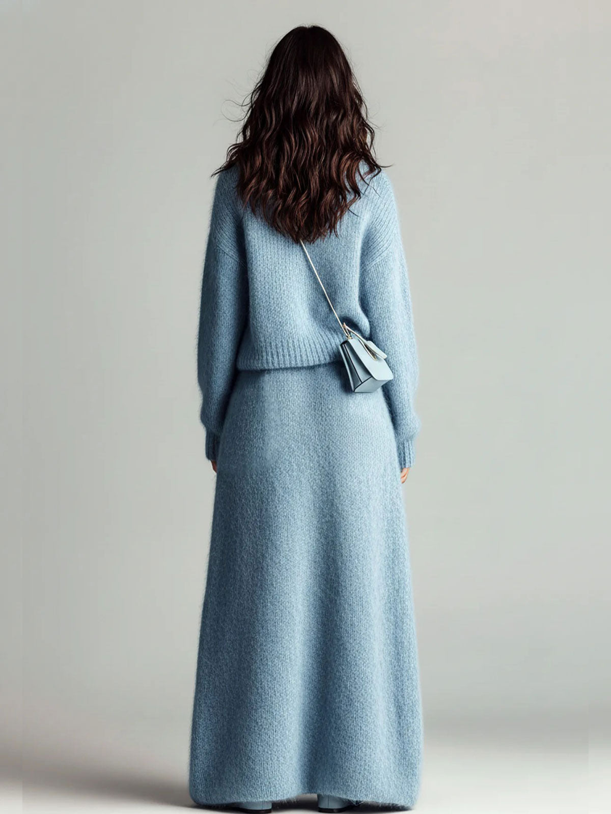 Estella - Chic Elegant Blue Stand Collar V Neck Long Sleeve Loose Sweater Patch Pocket Maxi Skirt Fuzzy Knit Two-Piece Set